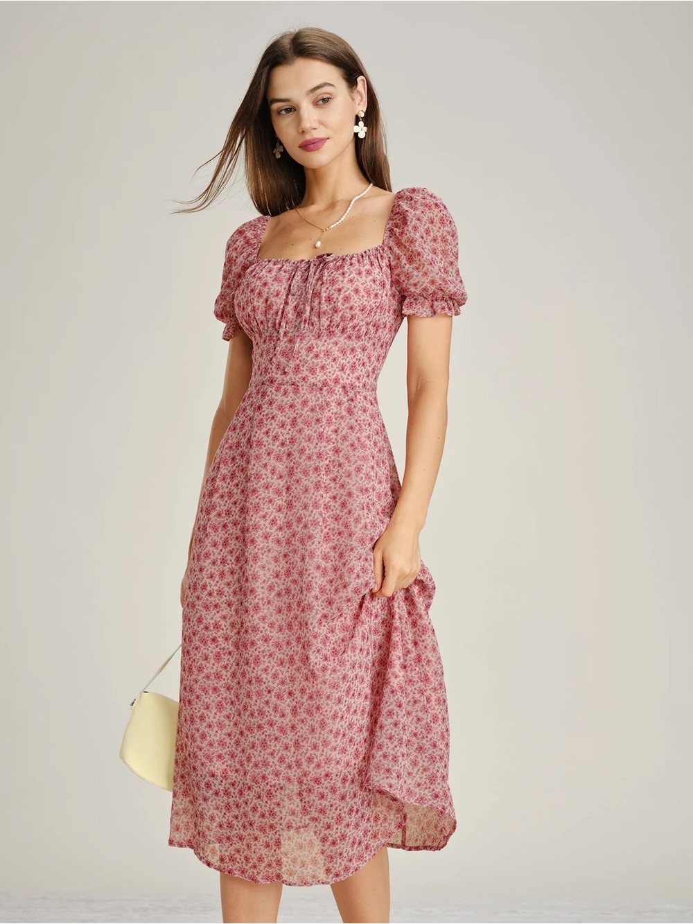 Rihoas Pink Square Neck Floral Chiffon Midi Dress - Picture 5 of 8